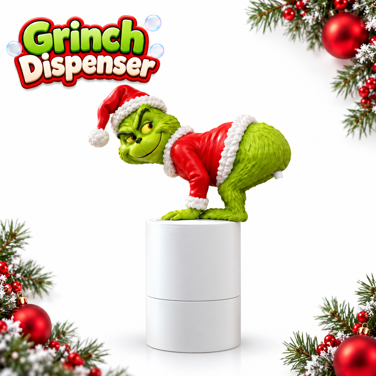Grinch Dispenser with white base on a bright Christmas background