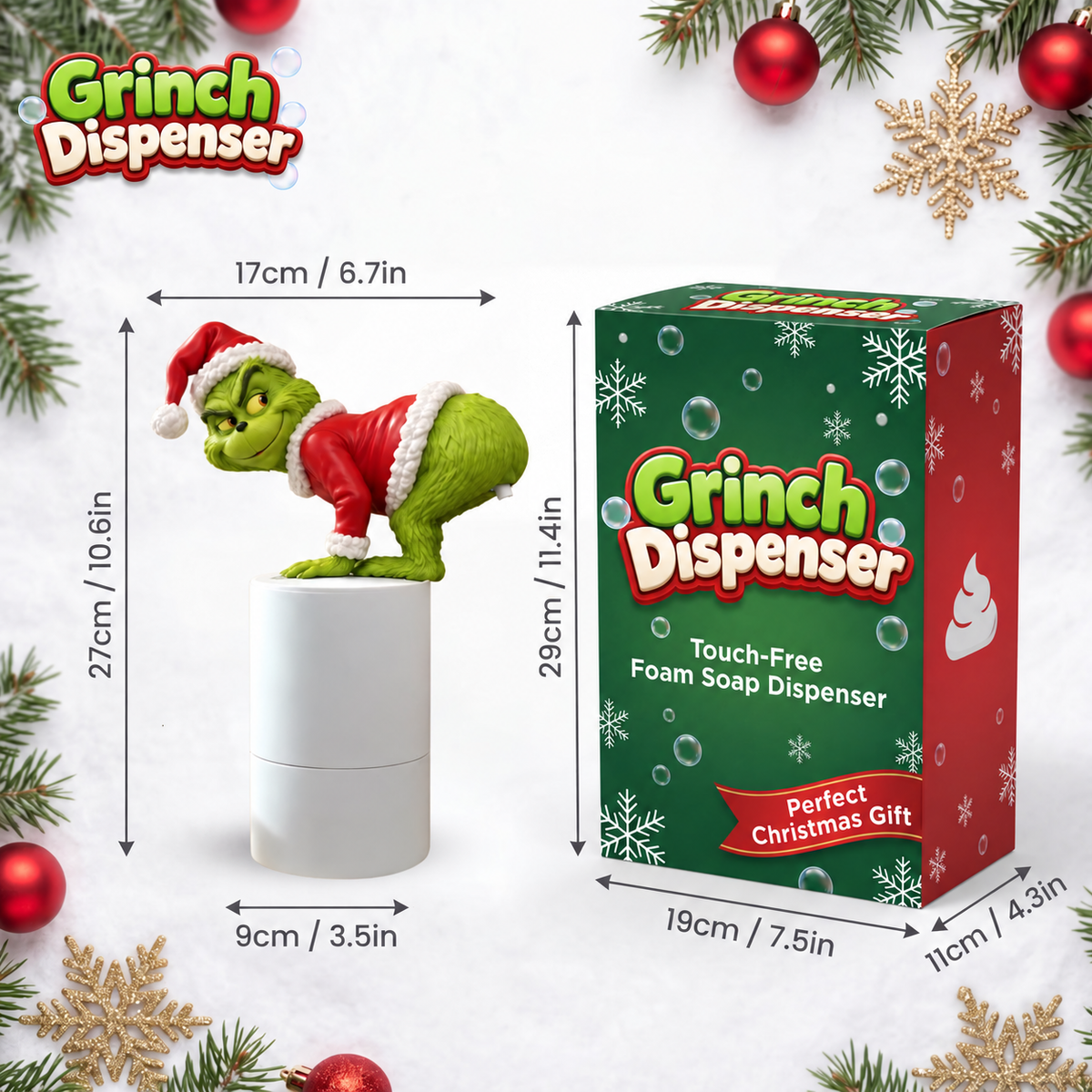 Grinch Dispenser packaging concept and product dimensions